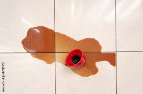 Spilled coffee, coffe puddle stain on tiled floor, messy leak with fallen cup, brown drink spillage
