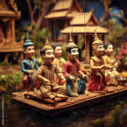 Obraz na płótnie Colorful marionettes on a wooden raft, traditional art, peaceful setting. w salonie