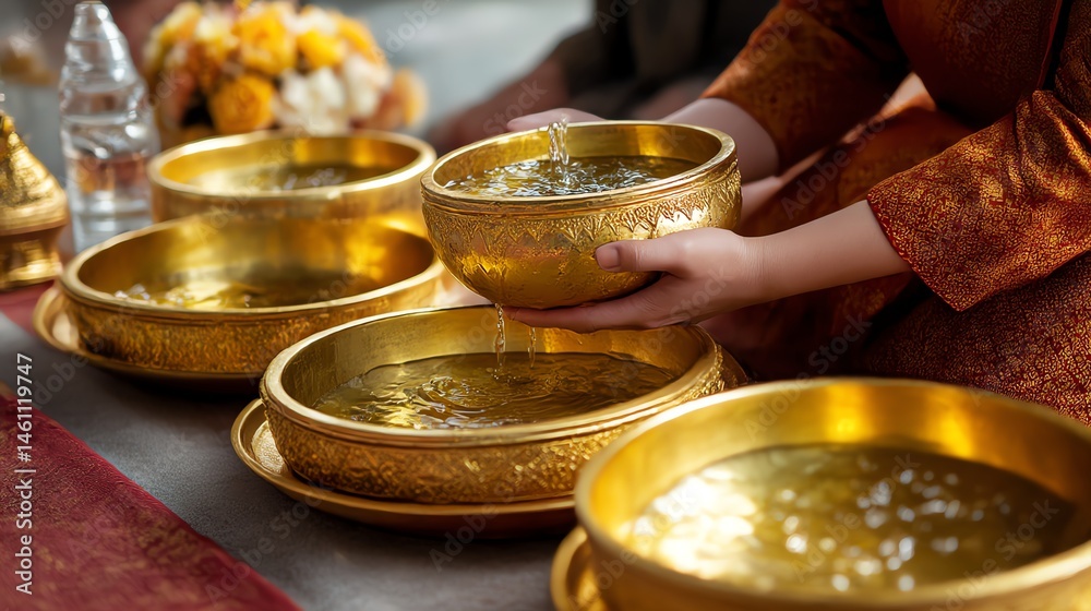 Ceremonial ritual with hands pouring water into golden bowls.