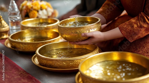 Ceremonial ritual with hands pouring water into golden bowls.