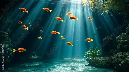 Underwater cave scene with schools of orange fish.