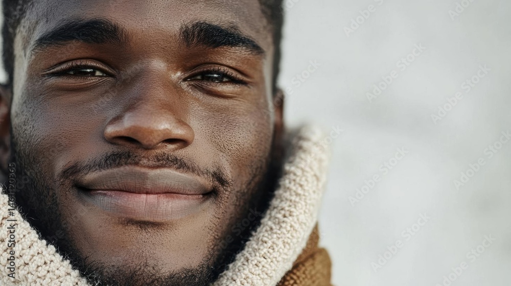 Obraz premium Close-up portrait of a young african-american man's face. he is looking directly at the camera with a slight smile on his lips. his eyes are slightly squinted and his eyebrows are slightly furrowed.