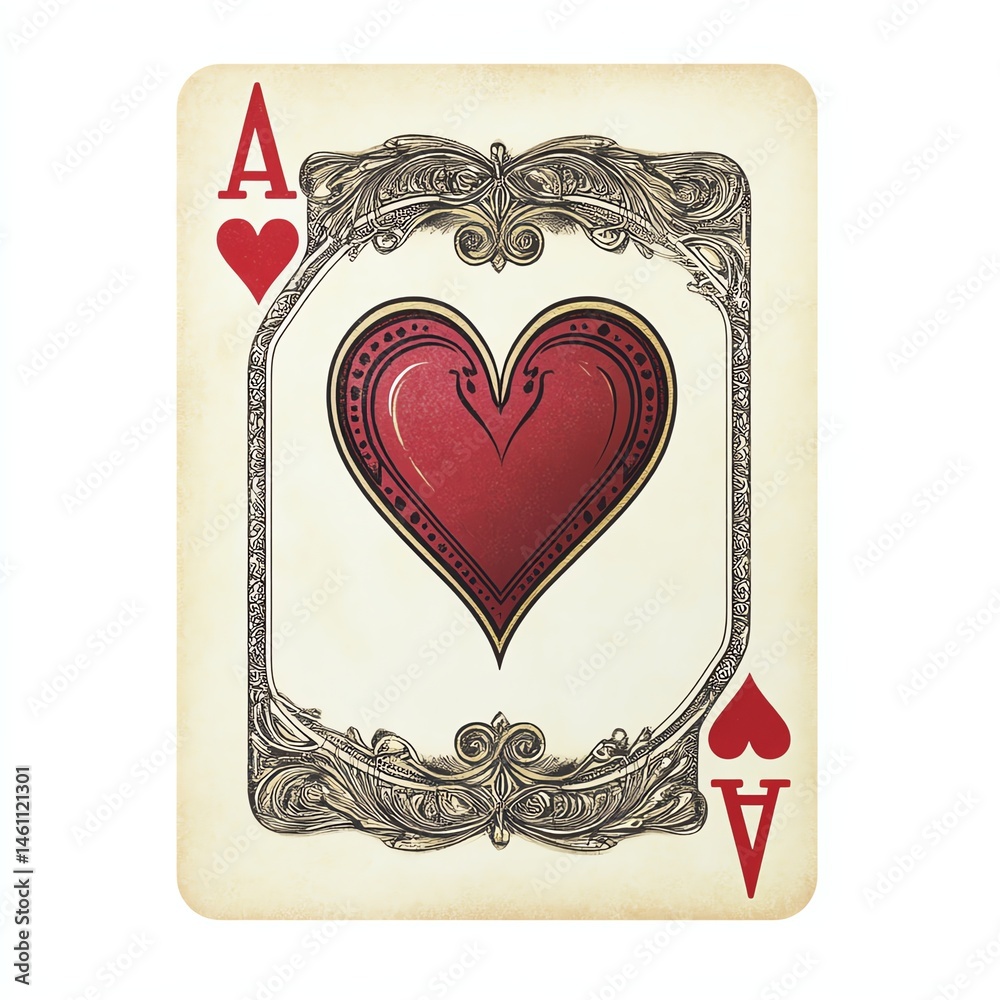 Vintage ace of hearts playing card on a white isolated background.