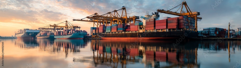 Shipping containers on docks during sunset, reflecting in water, tranquility at port.