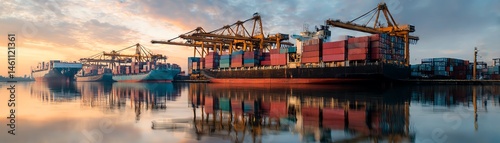 Obraz na płótnie Shipping containers on docks during sunset, reflecting in water, tranquility at port. w salonie