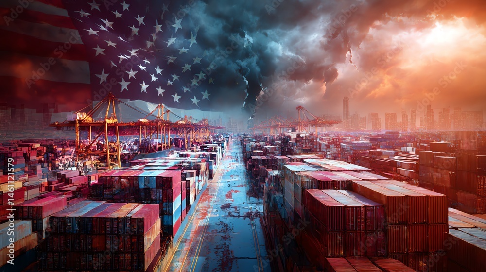 Import and export industry scene with shipping containers under dramatic skies.