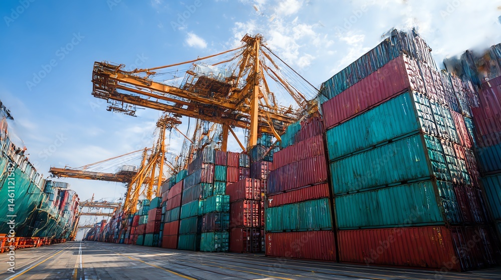Container port with stacked cargo containers and cranes under a blue sky.