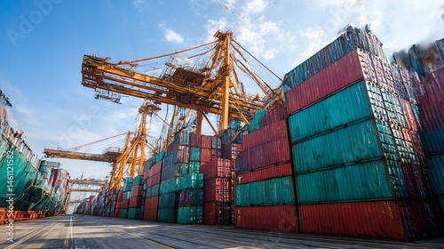 Obraz na płótnie Container port with stacked cargo containers and cranes under a blue sky. w salonie