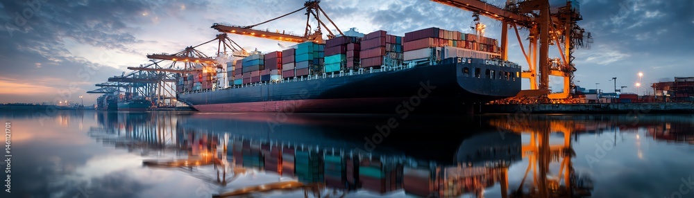 Cargo ship docked at port during sunset, reflection on water surface.