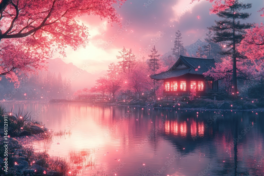 Fototapeta premium Lakeside house, lit, reflects in still water, cherry blossoms in soft light