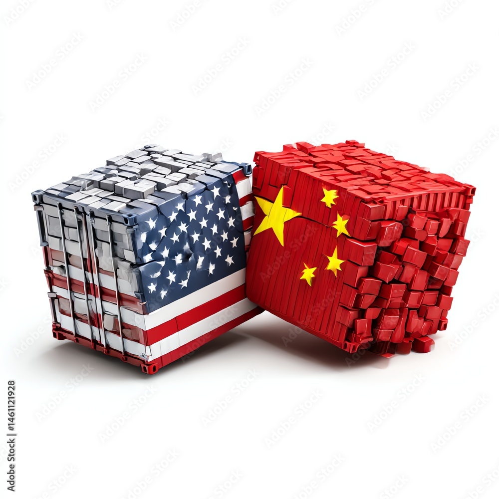 Cubical representation of USA and China flags symbolizing trade relations.
