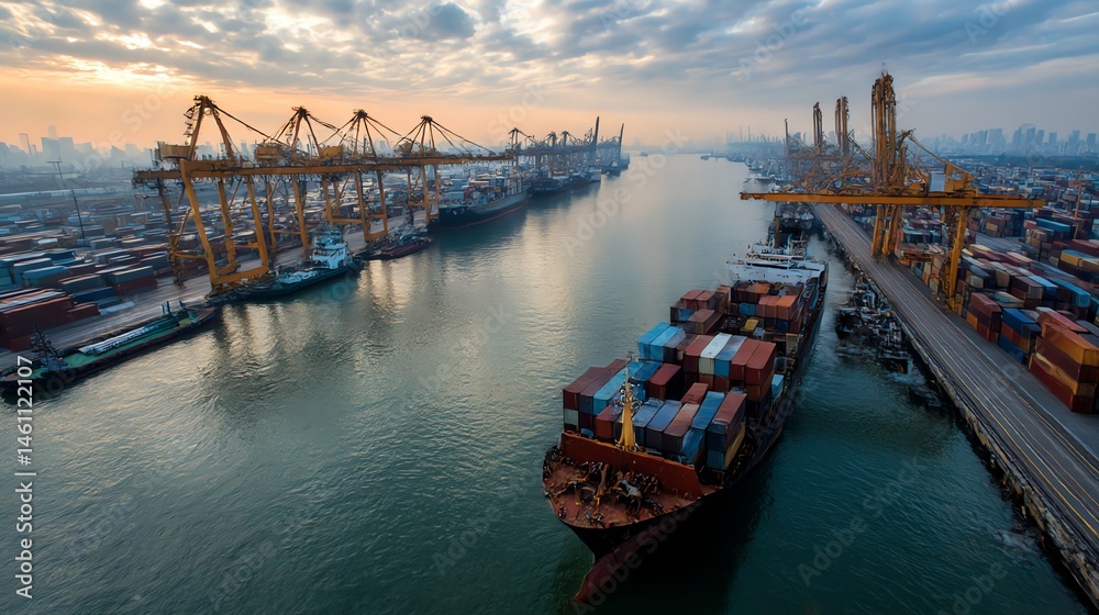 Aerial view of busy port with ships and cranes against a dramatic sky