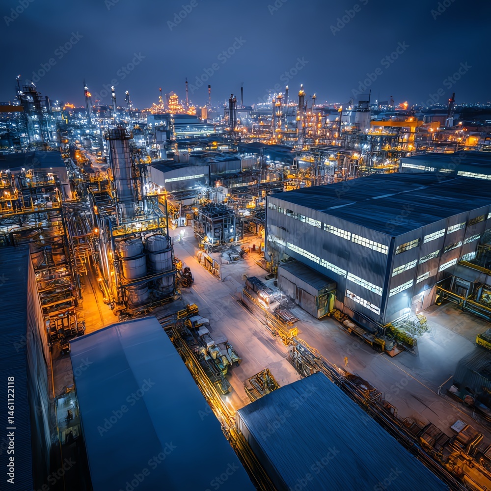 Aerial view of industrial complex illuminated at night with machinery and structures.