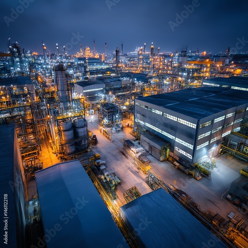 Obraz na płótnie Aerial view of industrial complex illuminated at night with machinery and structures. w salonie