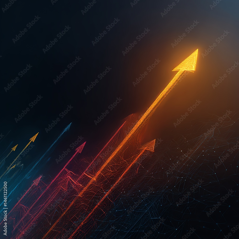 Dynamic arrows representing growth and progress on a dark background.