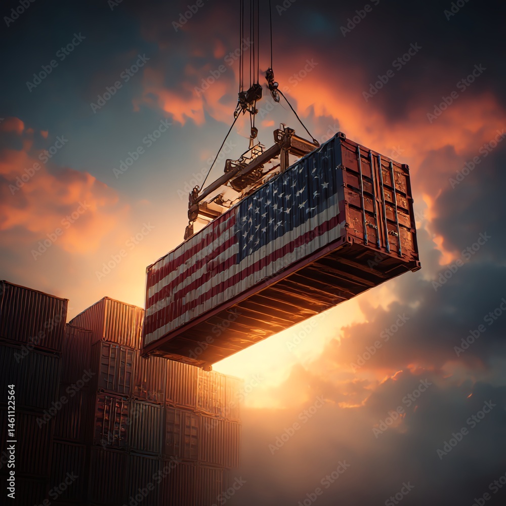 Crane lifting an American flag-themed shipping container against a sunset