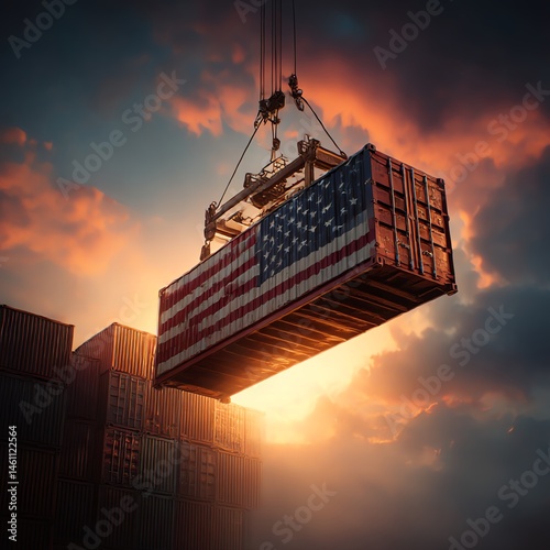 Obraz na płótnie Crane lifting an American flag-themed shipping container against a sunset w salonie