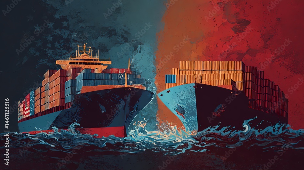Two cargo ships on a turbulent sea in vibrant colors.