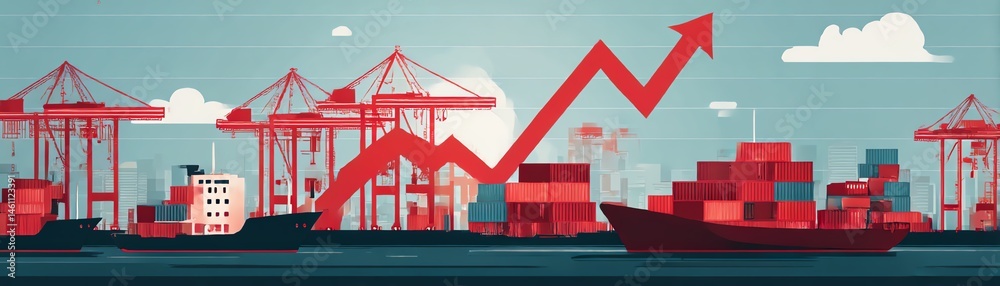 Port docks with stacked containers and upward trend graph, colorful illustration.