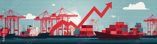 Port docks with stacked containers and upward trend graph, colorful illustration.