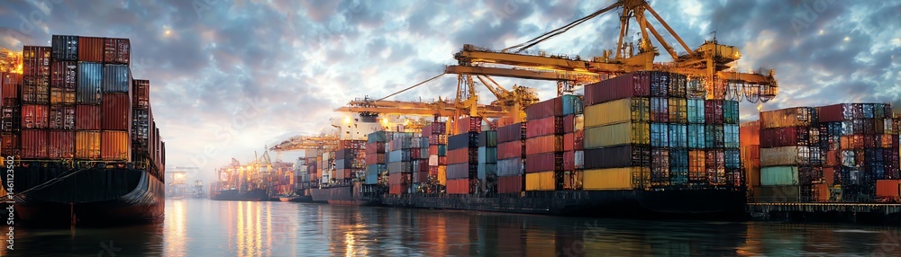 Cargo ships docked at a busy port with colorful shipping containers under a sunset sky.