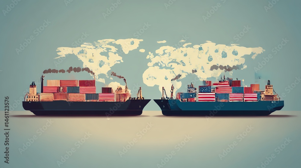 Two colorful cargo ships transporting goods across the world map.