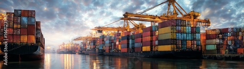 Obraz na płótnie Cargo ships docked at a busy port with colorful shipping containers under a sunset sky. w salonie