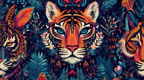 Vibrant tiger portraits in a floral jungle pattern.