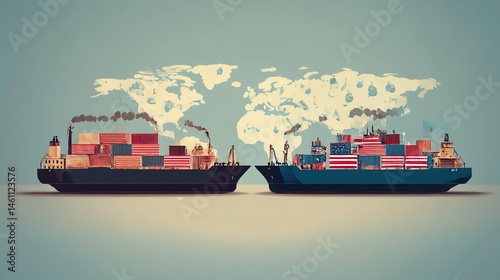 Obraz na płótnie Two colorful cargo ships transporting goods across the world map. w salonie