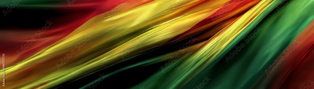 Colorful fabric waving in red, yellow, and green, symbolizing vibrant cultural identity.