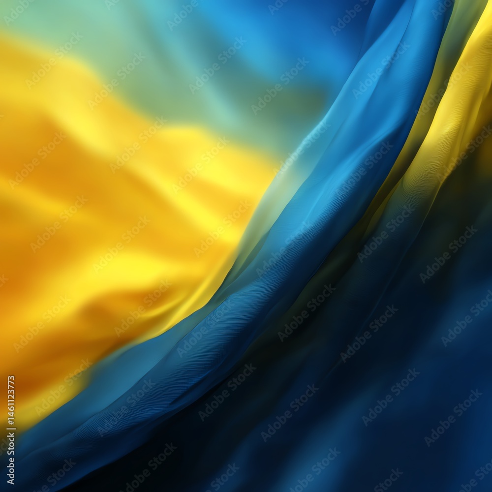 Waving fabric displaying blue and yellow colors, white isolated background.
