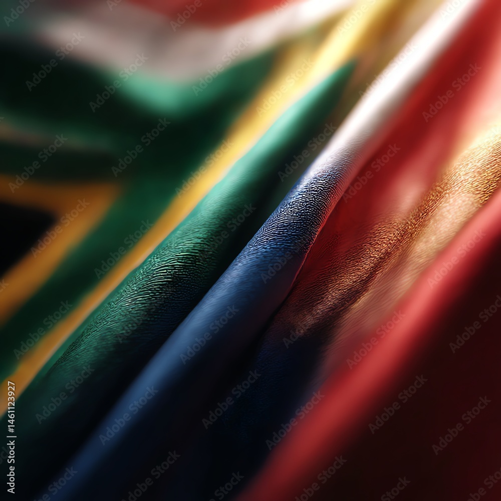 Close-up of the South African flag waving in the light.