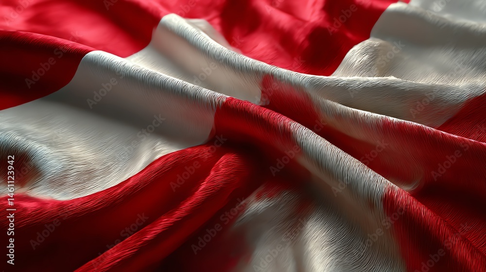 Close-up view of a waving red and white flag, showcasing fabric textures and colors.