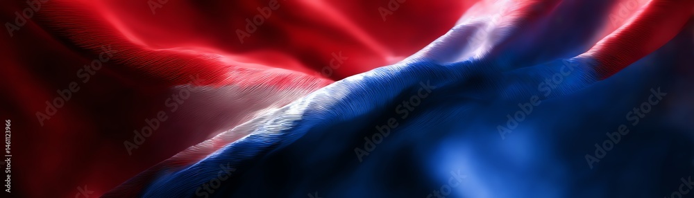 Waving fabric with red and blue colors, vibrant and textured, isolated background.