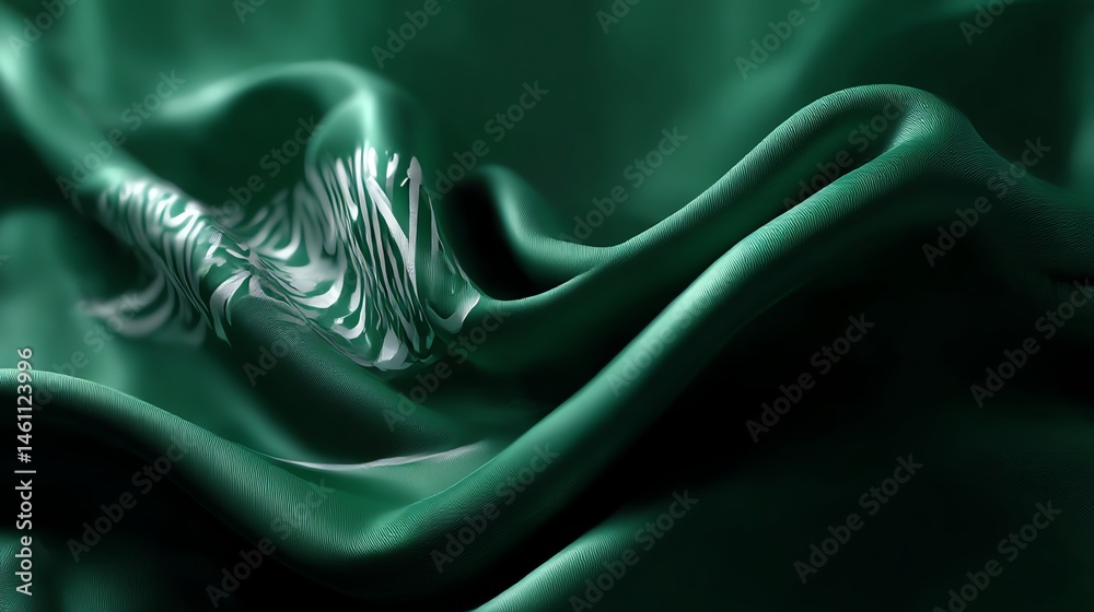 Sleek green fabric texture, soft folds and gentle curves, elegant and smooth.
