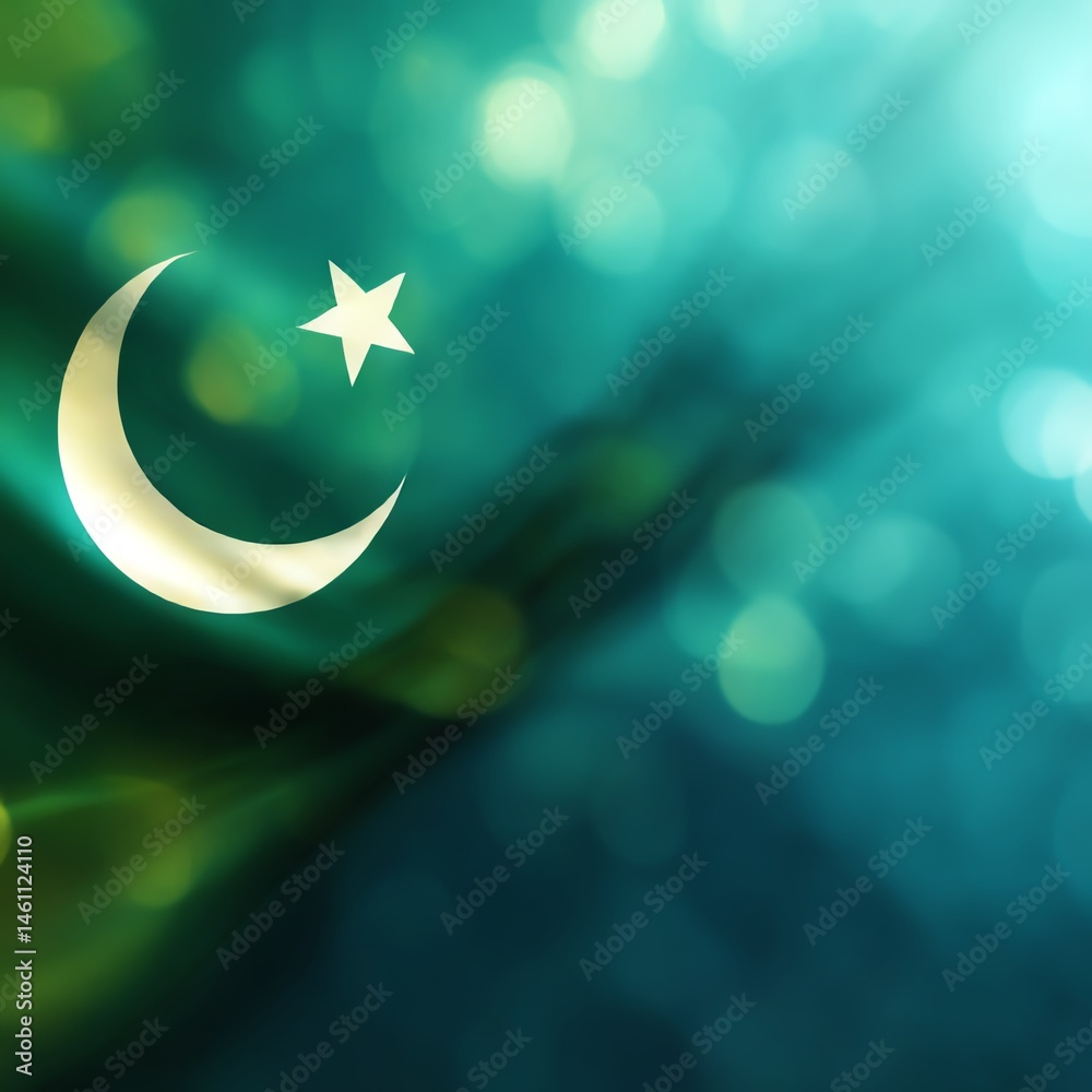 Symbolic representation of Pakistan's flag, green background with highlights.