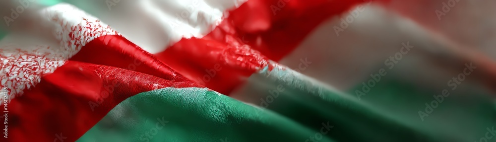 Close-up of a textured flag with vibrant red, green, and white colors.