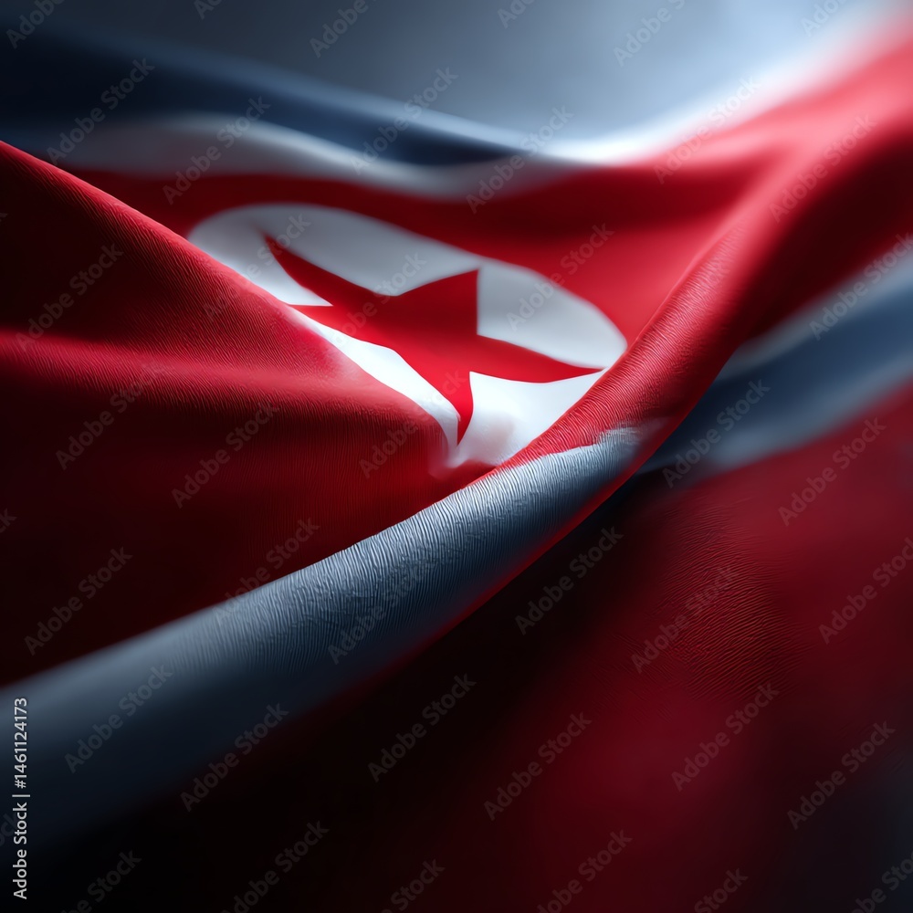 North Korean flag waving in the wind, symbolizing national identity.