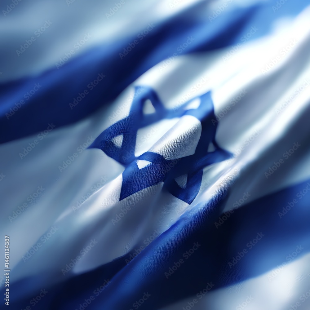 Waving flag of Israel, vibrant blue and white colors, symbolizing national identity.