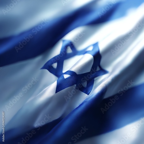 Waving flag of Israel, vibrant blue and white colors, symbolizing national identity.