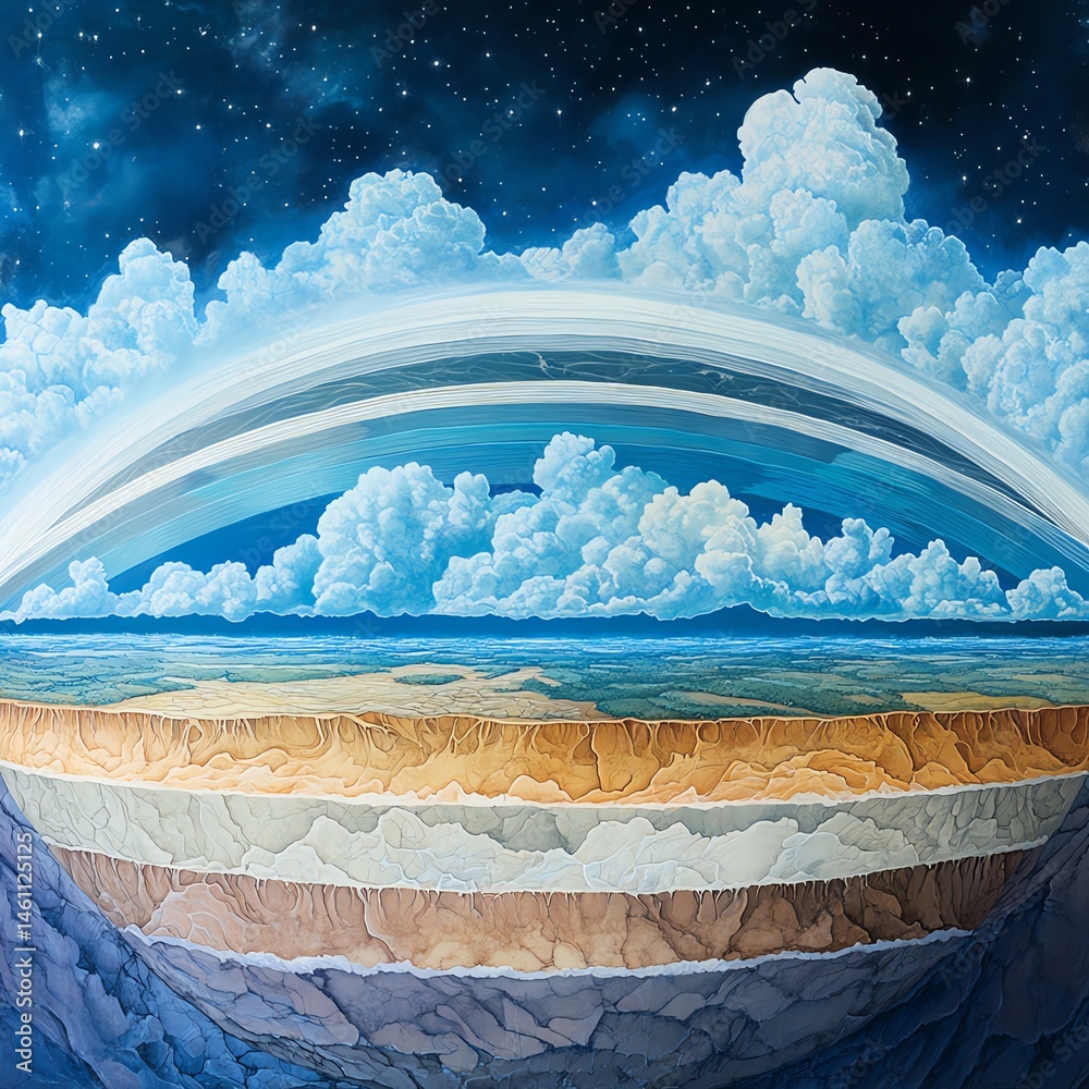 Beautiful illustration of Earth's layers with vibrant clouds and a starry sky.