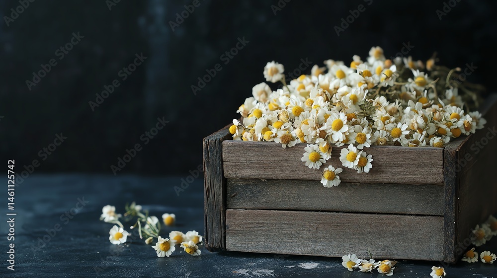 Wooden box filled with delicate yellow flowers, rustic dark background.