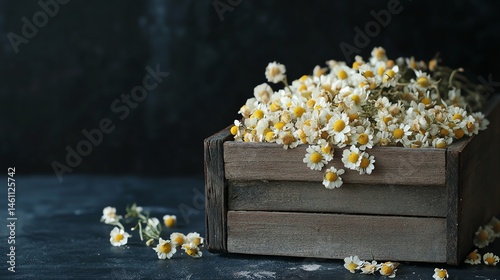Obraz na płótnie Wooden box filled with delicate yellow flowers, rustic dark background. w salonie