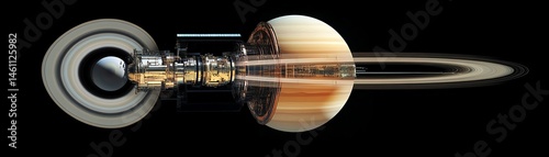 Futuristic spacecraft design with Saturn-like planet, black background