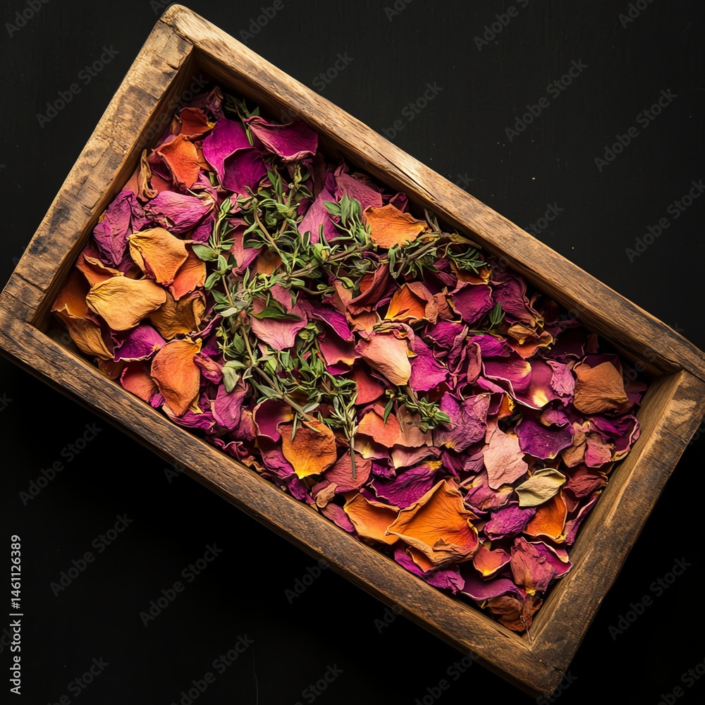 Colorful rose petals in a wooden box on a black background.