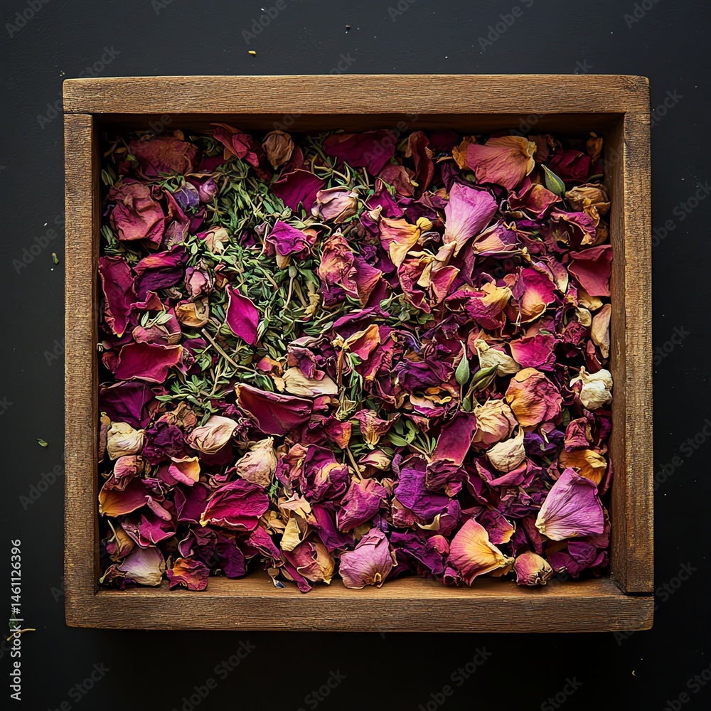 Mixed dried flowers and herbs in a wooden box, perfect for decoration.