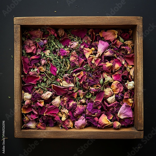 Obraz na płótnie Mixed dried flowers and herbs in a wooden box, perfect for decoration. w salonie