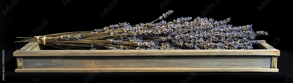 Dried lavender bundle on a rustic wooden tray, black background.