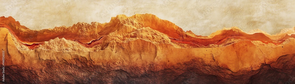 Natural mountains with warm tones and textured layers under a soft sky.