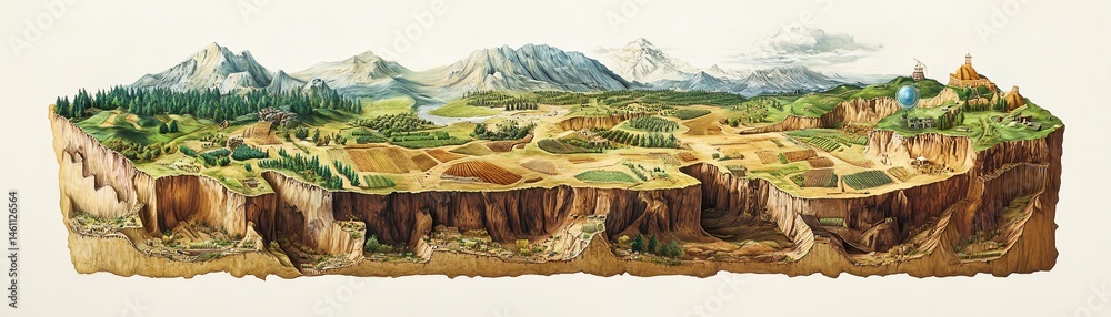 Colorful illustration of a mountain landscape with valleys and agriculture.
